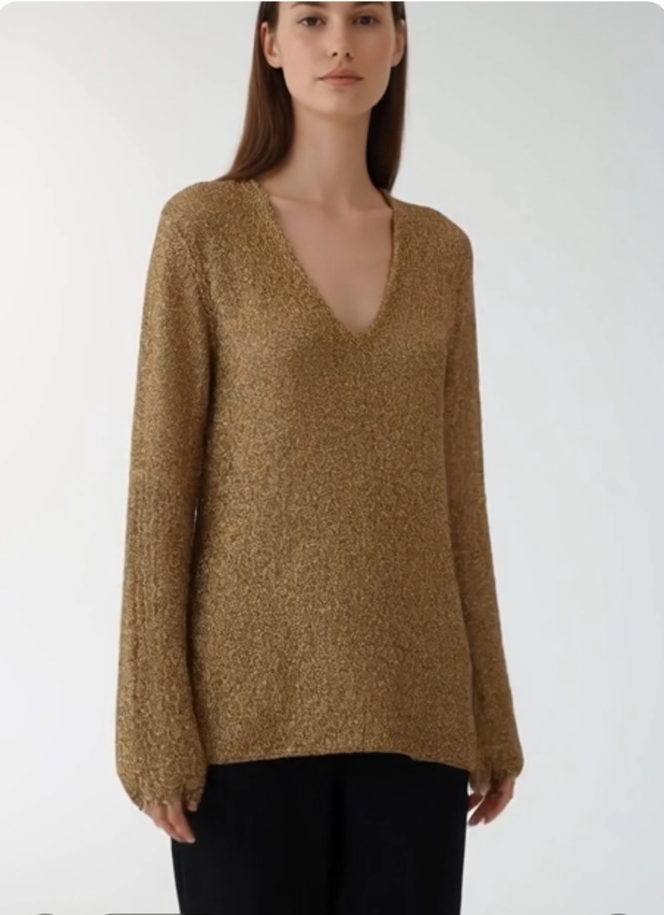 WHITE+WARREN Women's Gold Metallic Lurex Sweater Size M V-Neck Ribbed Pullover